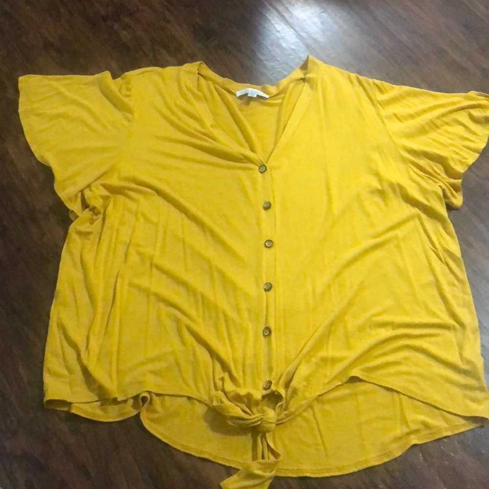 Green Envelope Mustard Button Front Tie Top, 2X